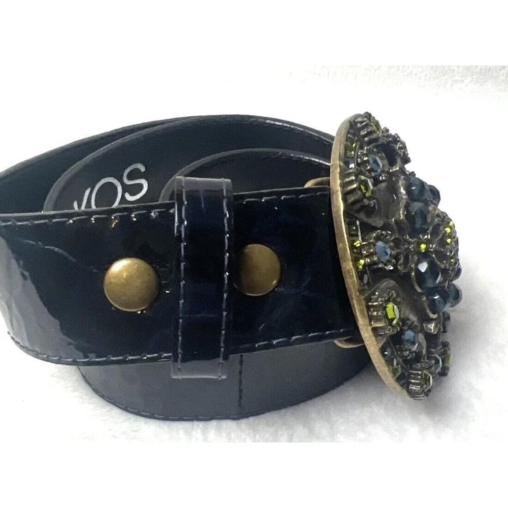 Womens Belt Black Patten Leather‎ 35Blue Rhinestone Buckle Fashion Boho Jana Kos